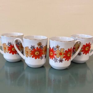 Vintage (1970s) Creative Japan white ceramic mugs with floral design - set of 4